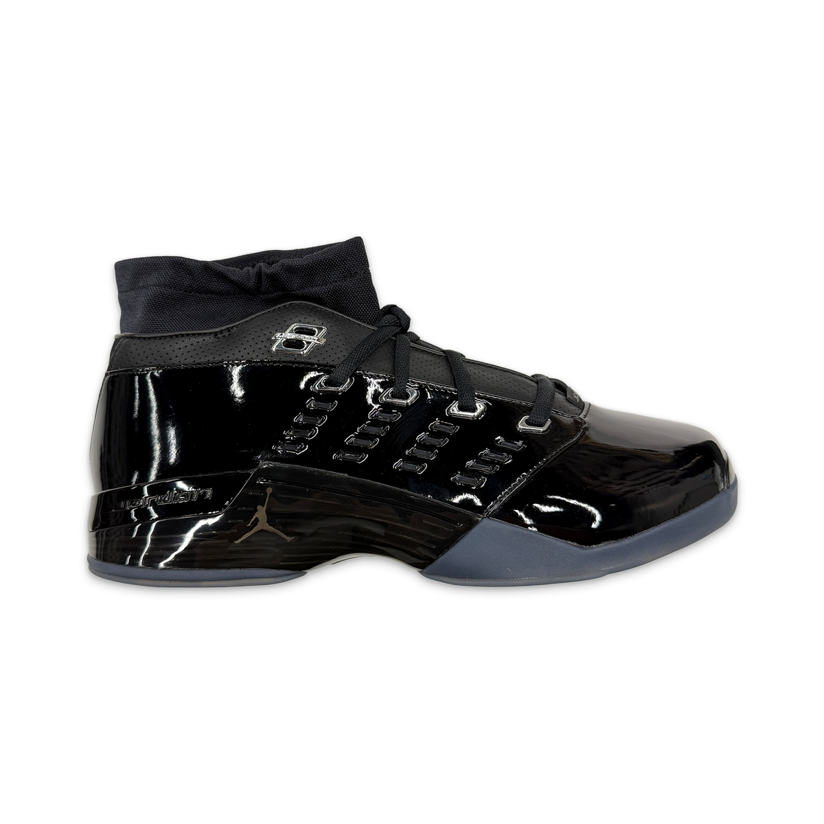 Air Jordan 17 Retro Low black patent sneakers, lace-up with ankle strap