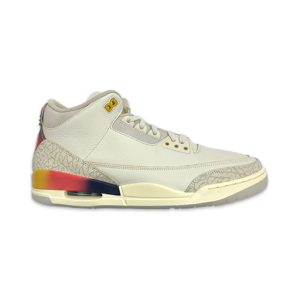 Air Jordan 3 retro SP sneaker, white leather upper, lace-up, red-blue midsole