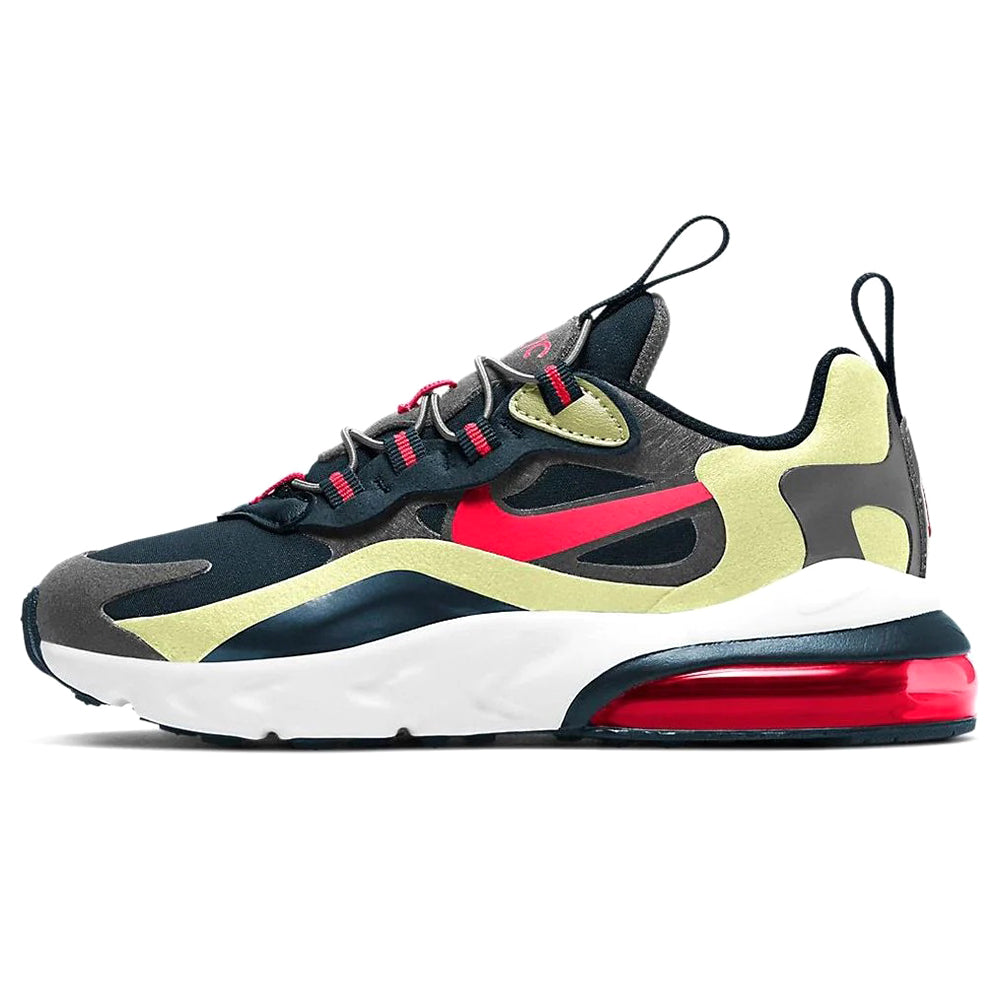 Kids Nike Air Max 270 RT sneaker with dark upper, neon yellow panels, red Air unit