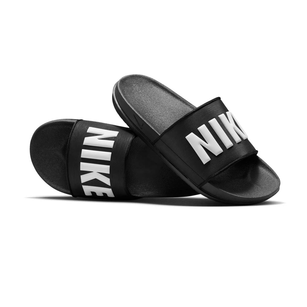 Nike Offcourt slide sandals, black pair with white NIKE branding straps