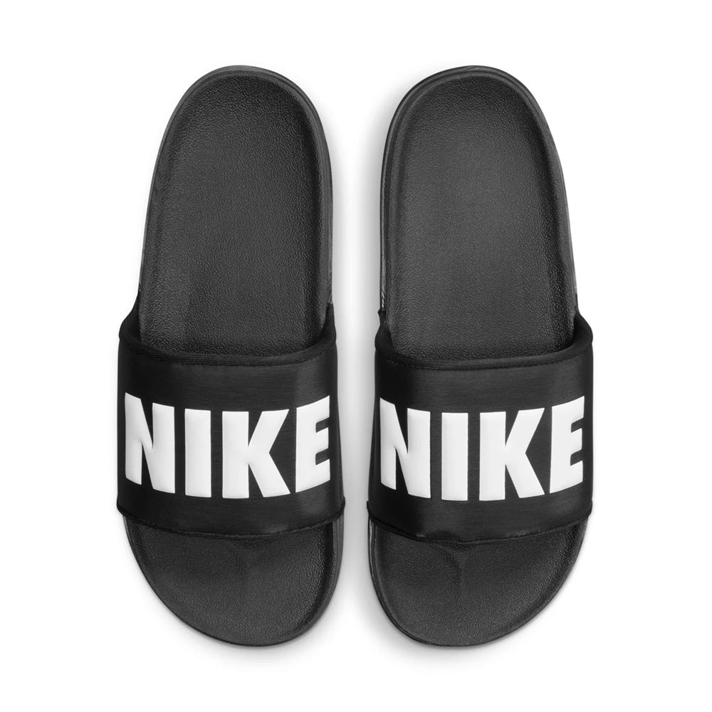 Nike Offcourt slide sandals, black with bold white NIKE logo on each strap