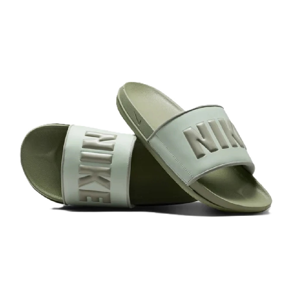 Nike Offcourt slide sandal with mint crossover strap over dark green base