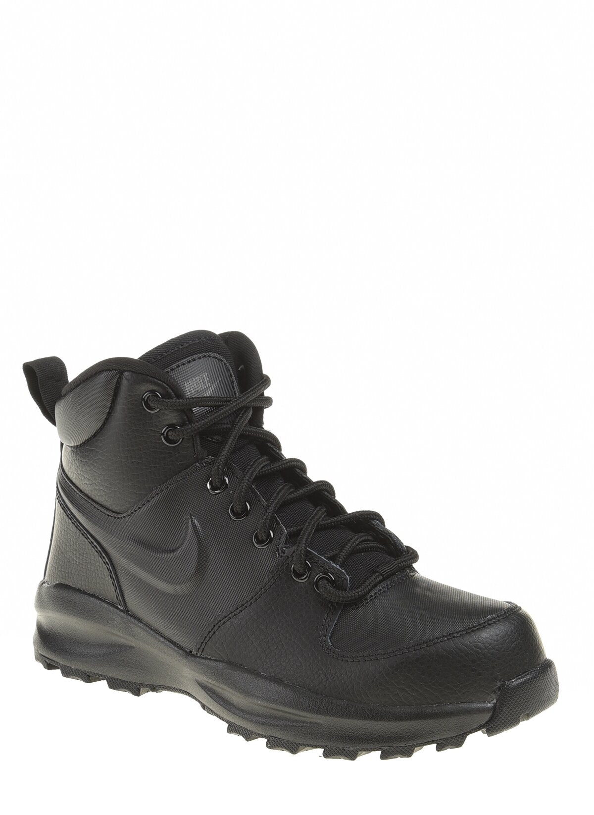 Nike Manoa LTR black kids lace-up mid boots, dark leather upper and Swoosh