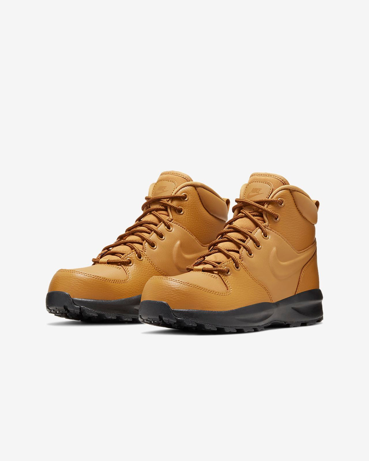 Kids' wheat high-top lace-up boots with brown laces, black outsole and Nike swoosh