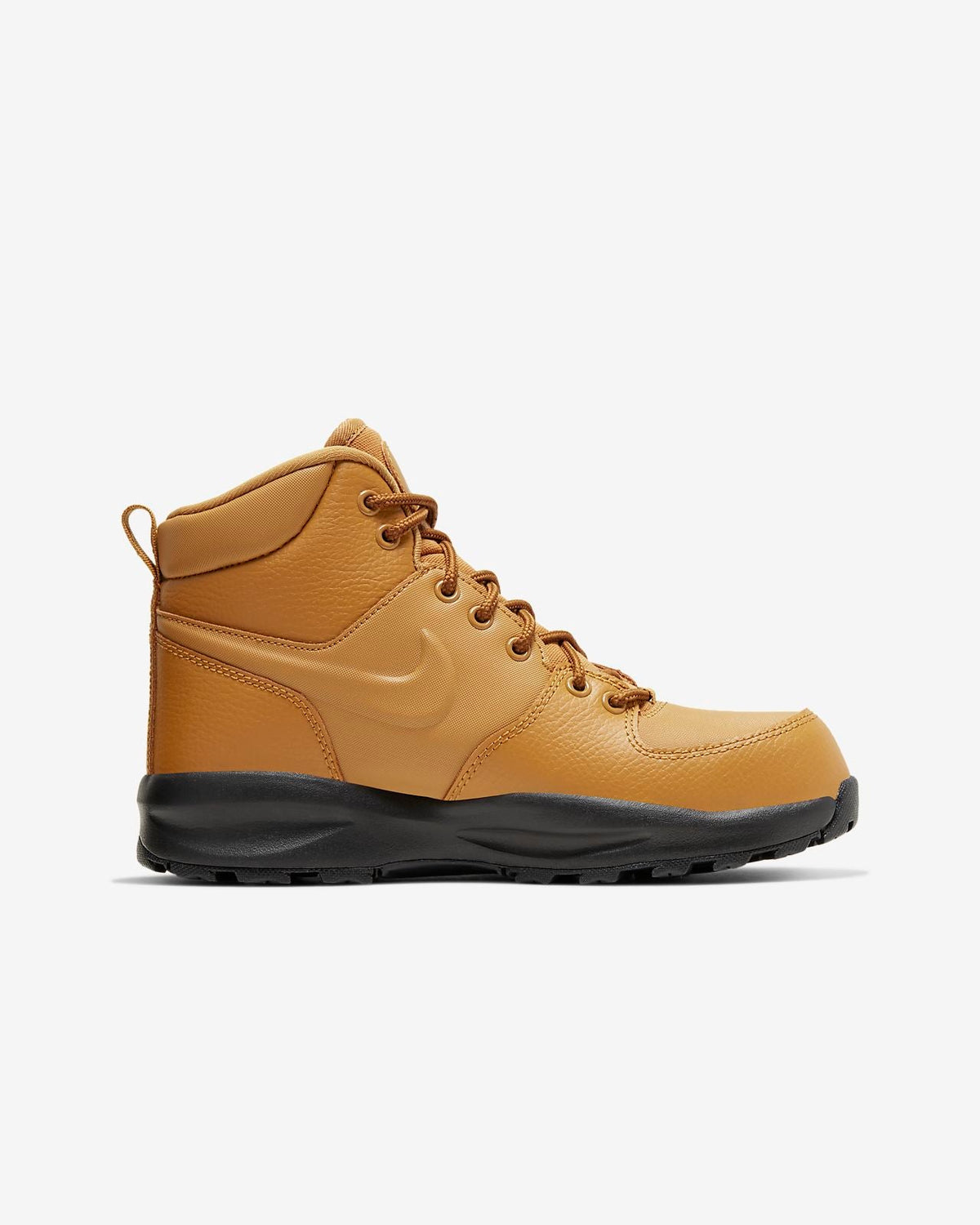 Kids' wheat lace-up high-top hiking boots with black rubber sole and Nike swoosh