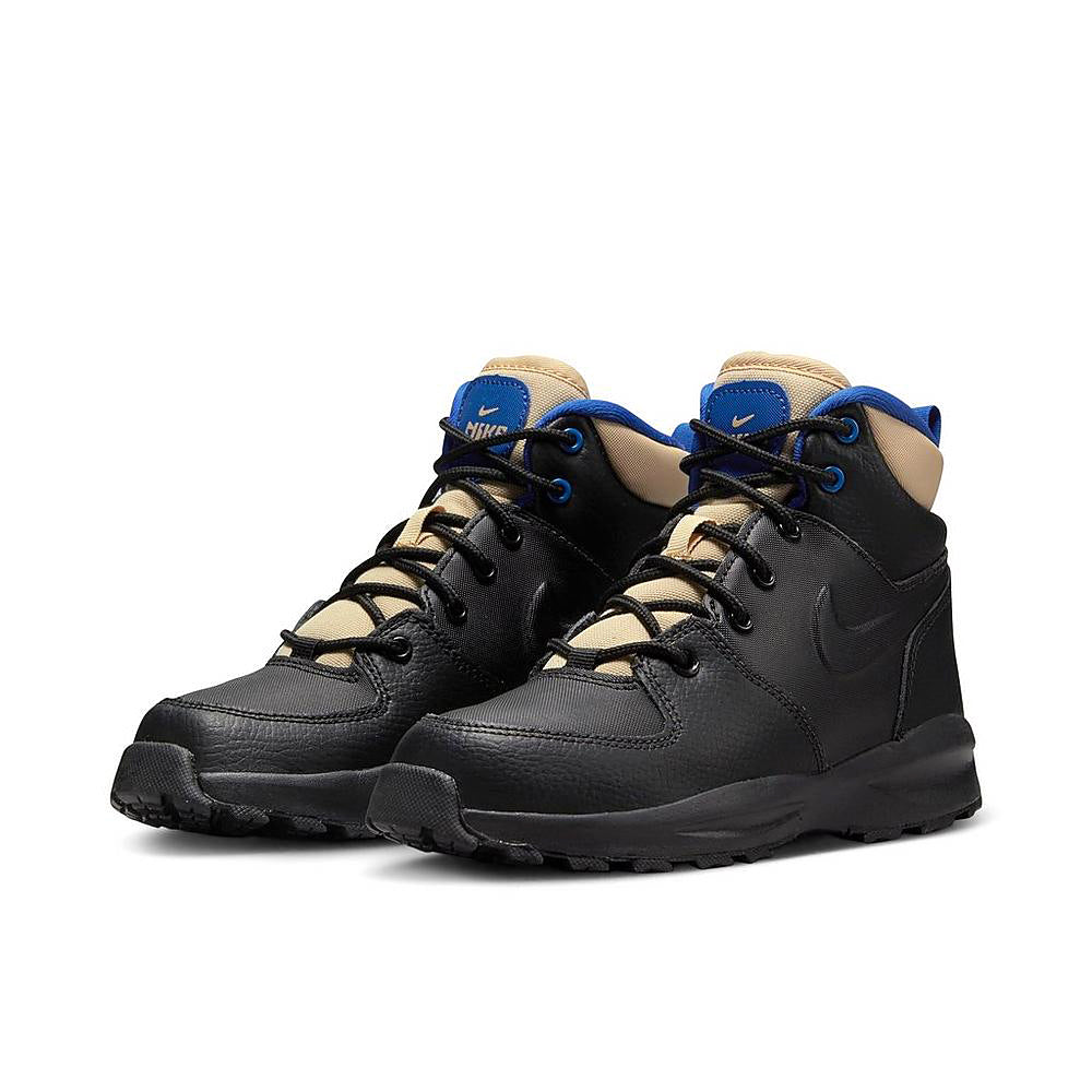 Pair of kids black mid-top sneakers with blue laces and blue heel pull