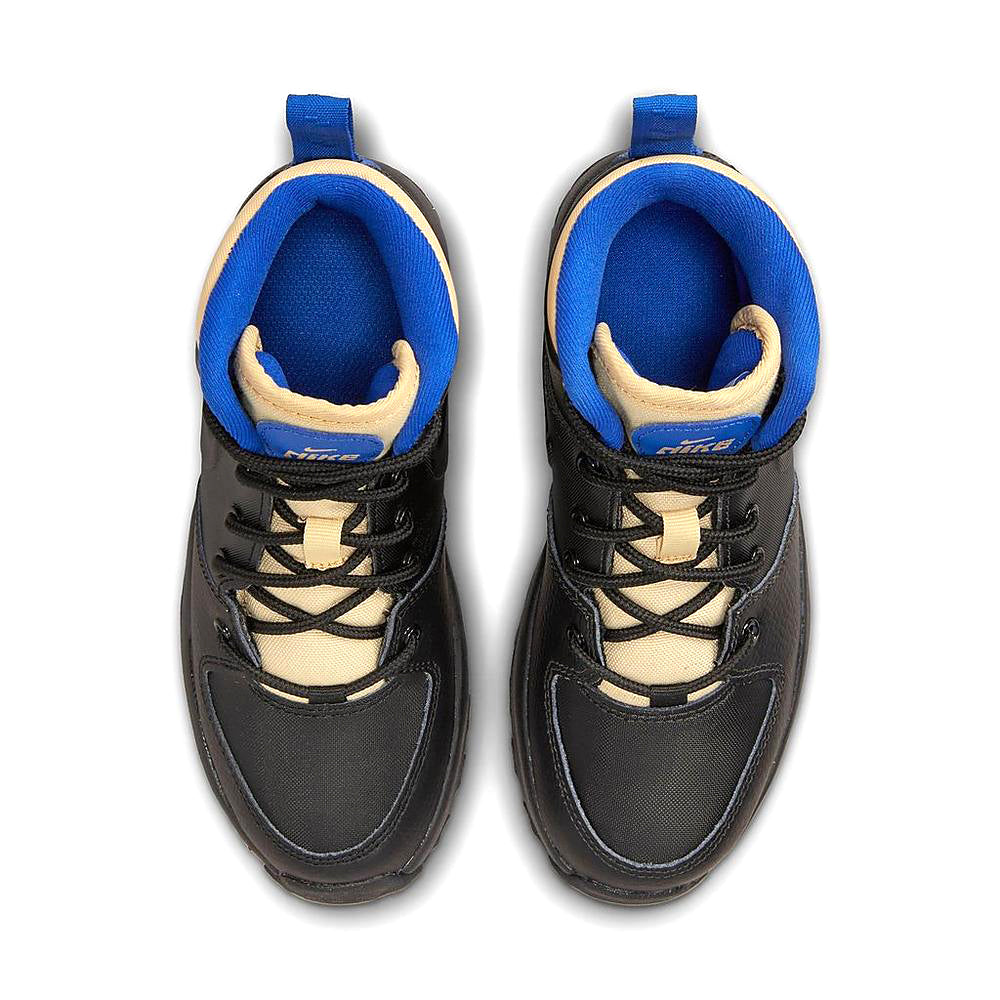 Kids black boots with blue padded collars and beige lining at the tongue