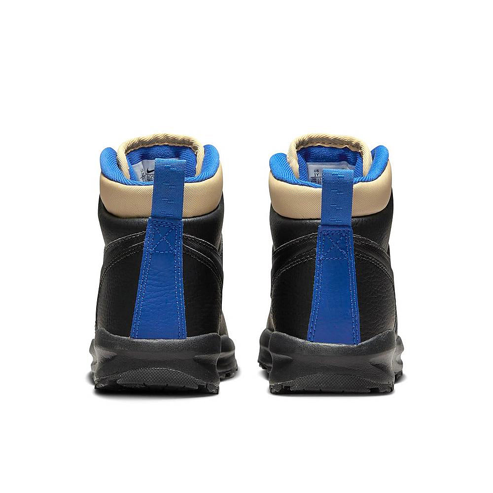 Kids black mid-top boots with blue heel straps and padded beige collars