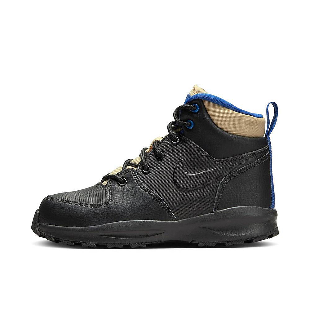 Kids black mid-top hiking shoes with blue collar and black outsole