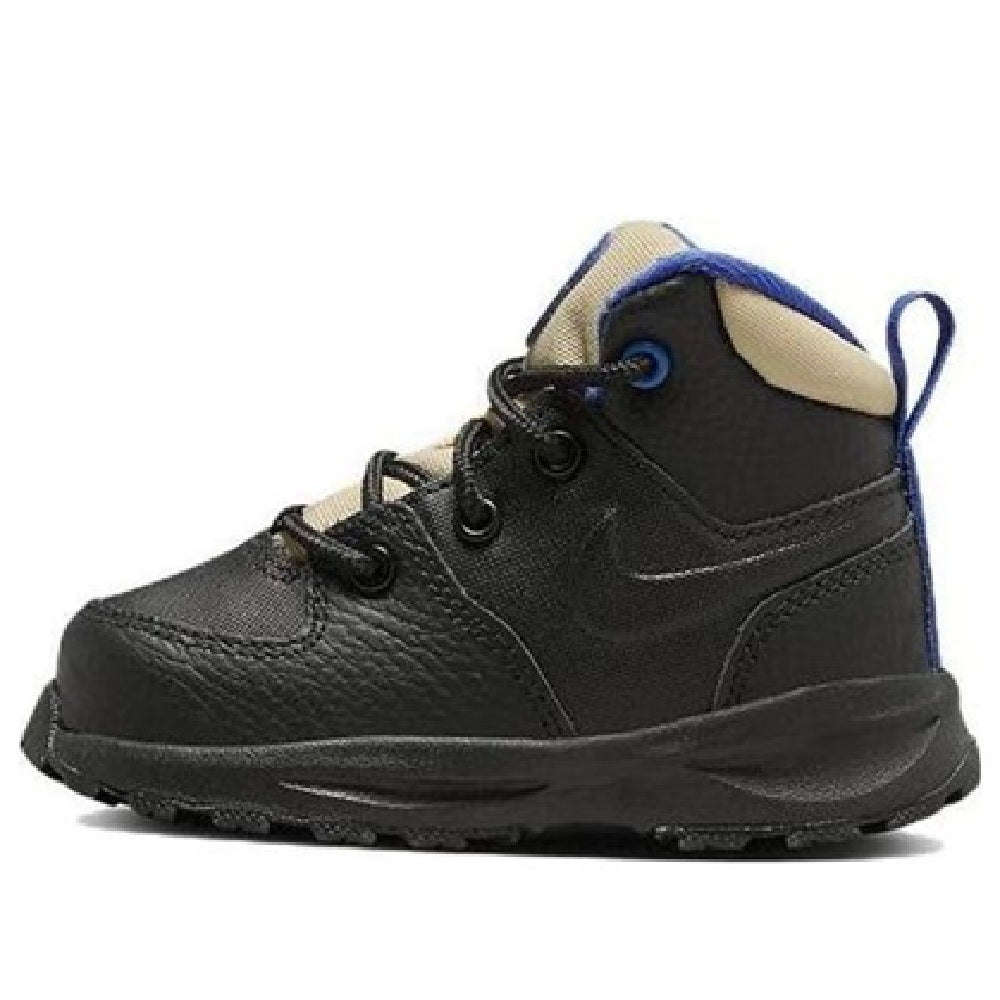 Kids Nike Manoa LTR boots in dark black with blue laces and tan collar lining