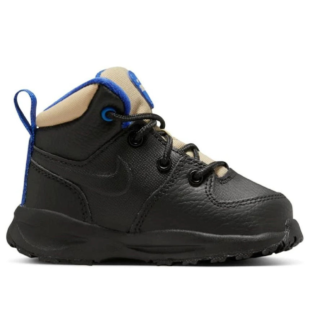 Kids Nike Manoa LTR black leather-style boot with blue trim and tan inner lining