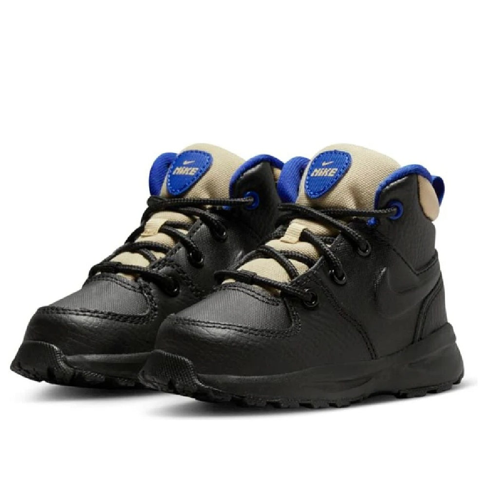Kids Nike Manoa LTR boots, black uppers with blue eyelets and tan ankle padding