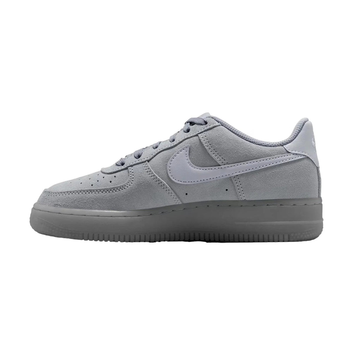 Big kid's Nike Air Force 1 sneakers, side profile in wolf grey with swoosh and laces.