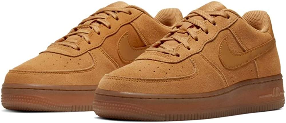 Big kids' Nike Air Force 1 LV8 sneakers, wheat upper, gum outsole, pair view.