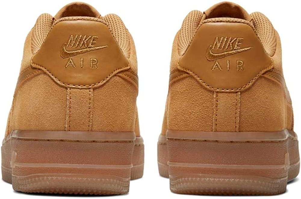 Big kids' Nike Air Force 1 sneakers heel view with Nike Air logo, wheat suede.