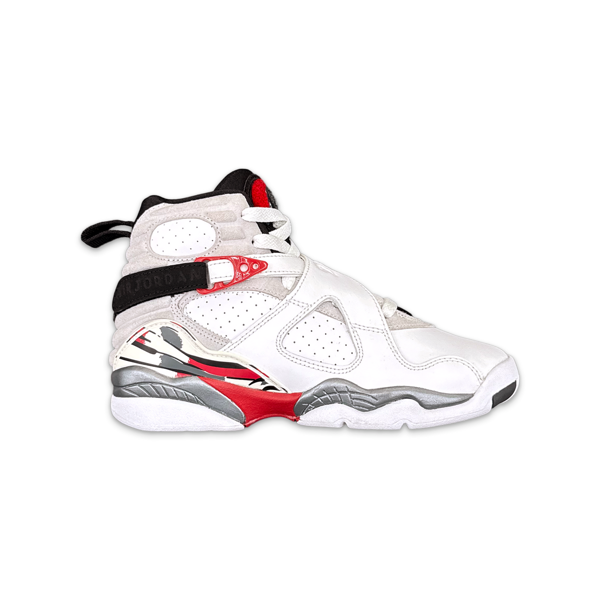 White Air Jordan 8 high-top sneakers with red and black 'Bulls' accents