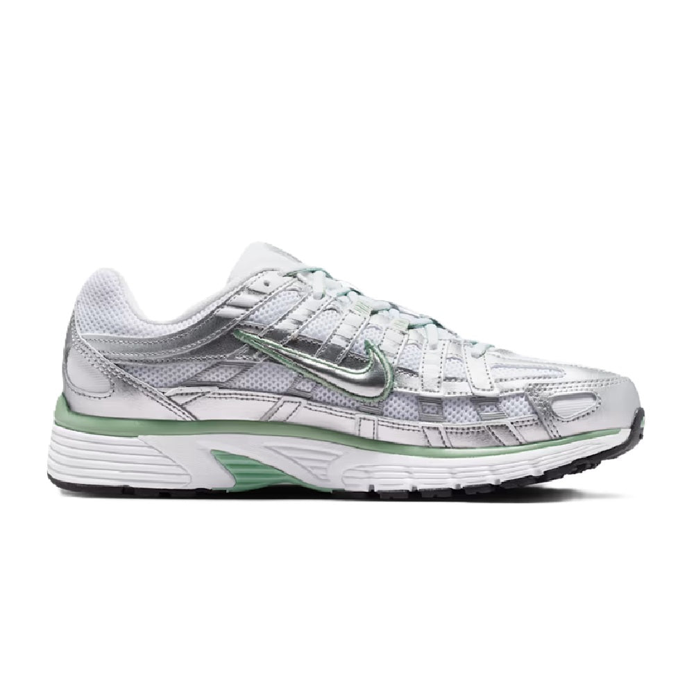 Nike P-6000 women's running shoe in silver with green accents and white sole