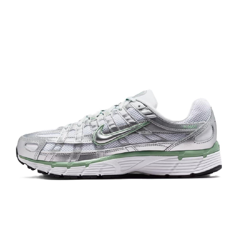Nike P-6000 women's running shoe, silver upper with green stripe and white midsole