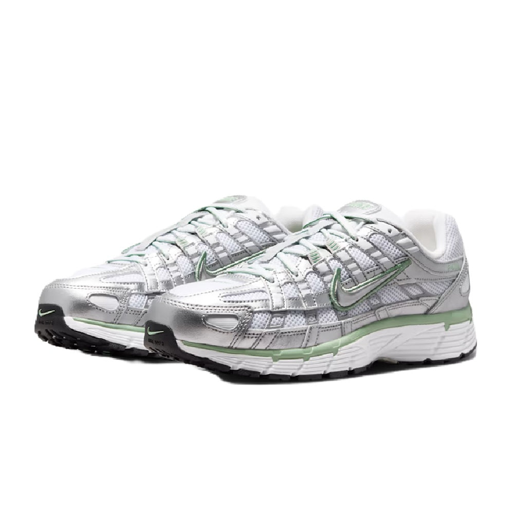 Nike P-6000 women's running shoes, lace-up silver with green Swoosh and textured panels