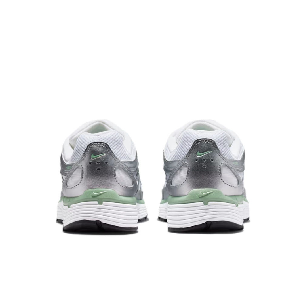 Nike P-6000 women's running shoe pair, heel view in silver with green logo details