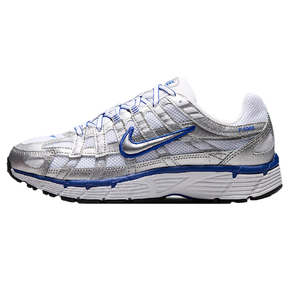P-6000 women's running shoes, white/metallic silver with blue accents
