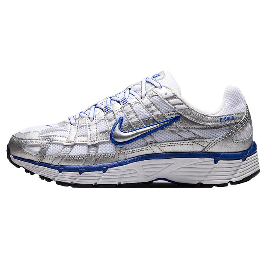 P-6000 women's running shoes, white/metallic silver with blue accents