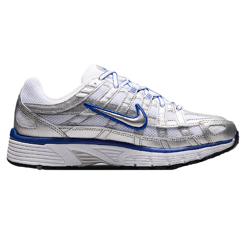 P-6000 women's running shoes, white with metallic silver and blue swoosh