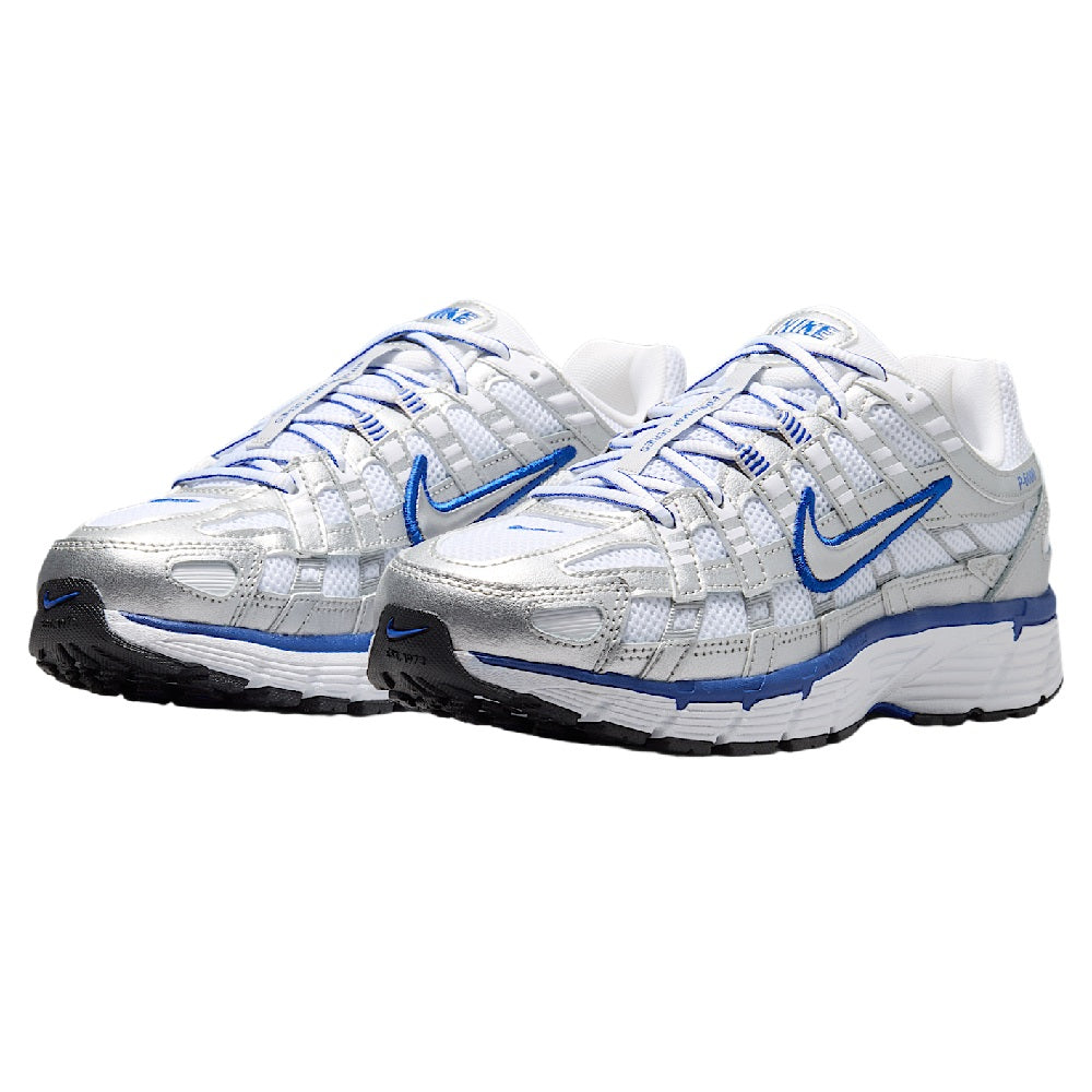P-6000 women's running shoes, white laces with blue swoosh and metallic panels