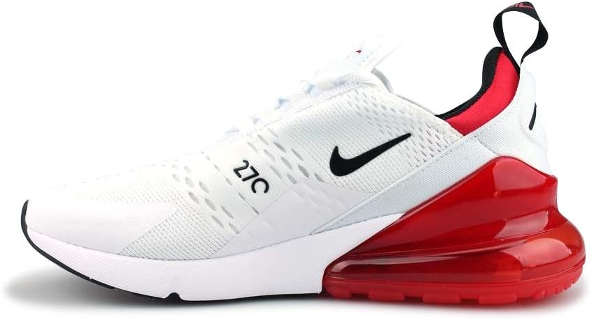 Men's Nike Air Max 270 sneakers, white knit upper with black swoosh and red Air unit