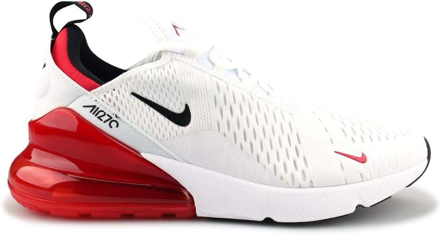 Men's Nike Air Max 270 sneakers, white mesh with black swoosh and red heel panel
