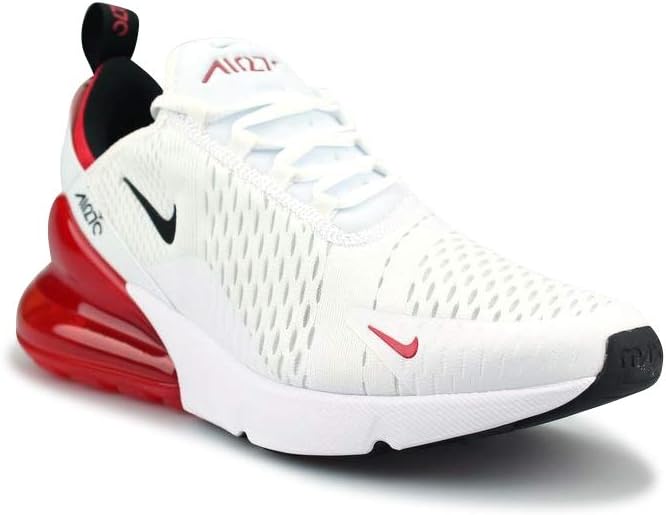 Men's Nike Air Max 270 sneakers, white knit with red accents, black sole and swooshes