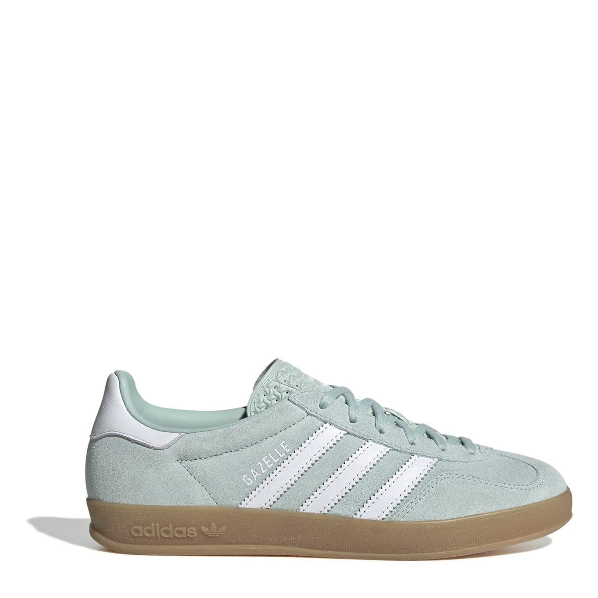 Light blue suede low-top trainers with lace-up closure, adidas stripes, and gum sole.