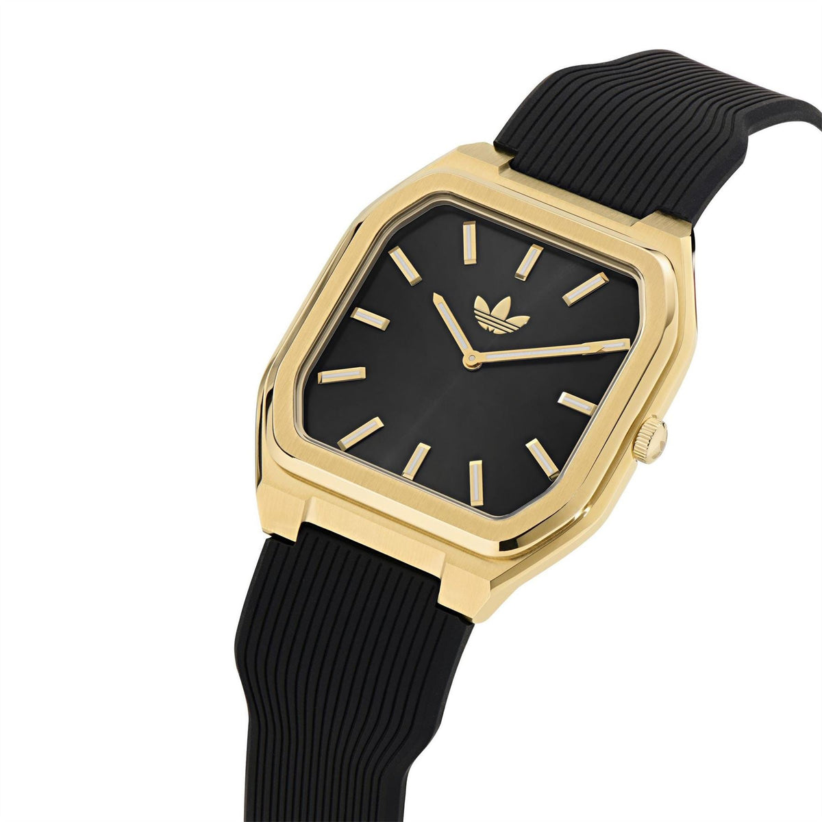 adidas Originals square watch, black dial with gold-tone case and black ridged silicone strap