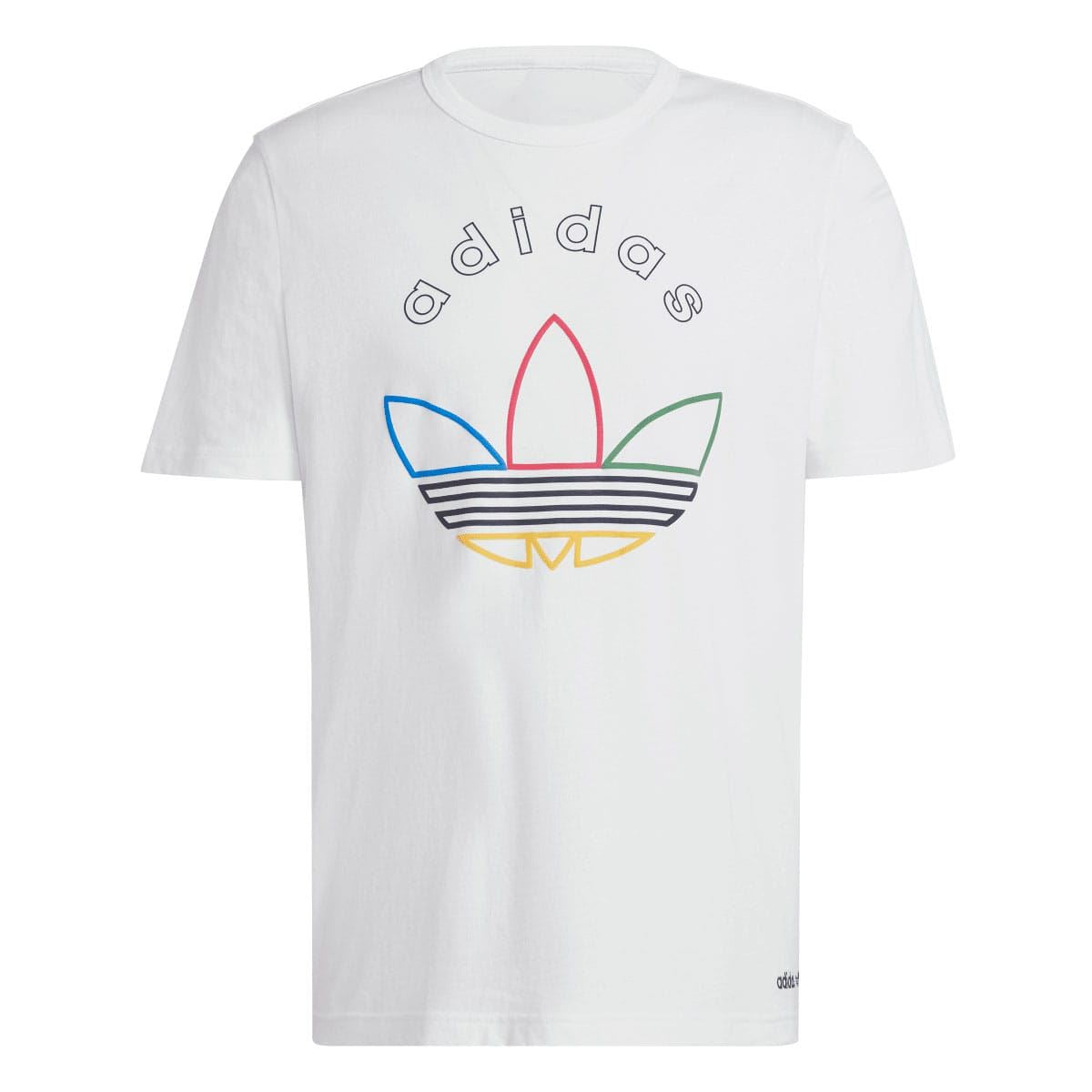 White crew-neck T-shirt with large multicolor adidas trefoil graphic on front