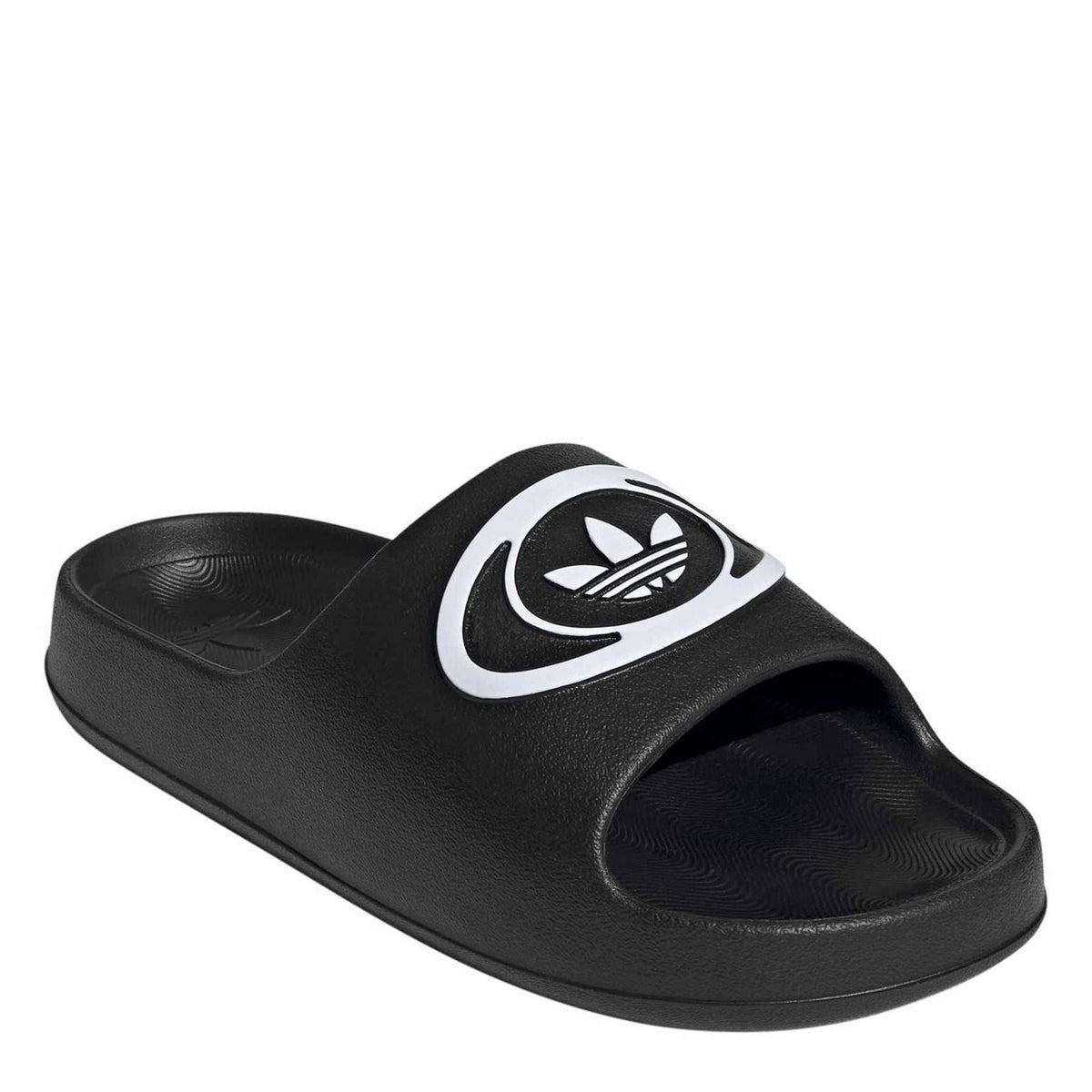 Black adidas slide sandals with white logo badge and textured footbed