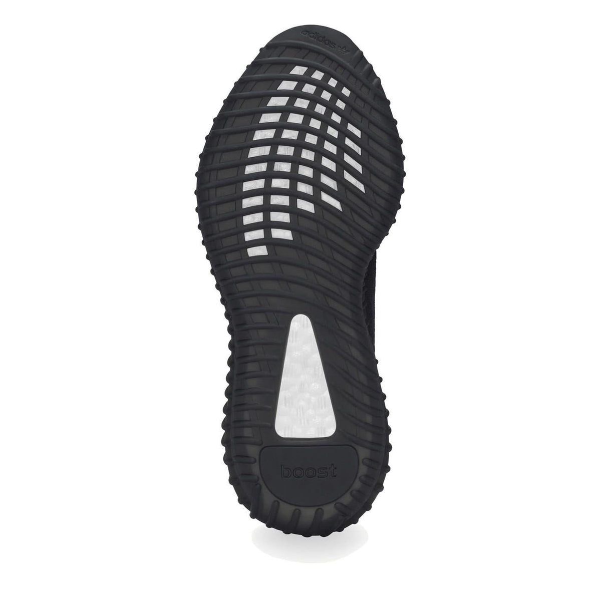 Black sneaker outsole with deep tread and 'Boost' logo on heel