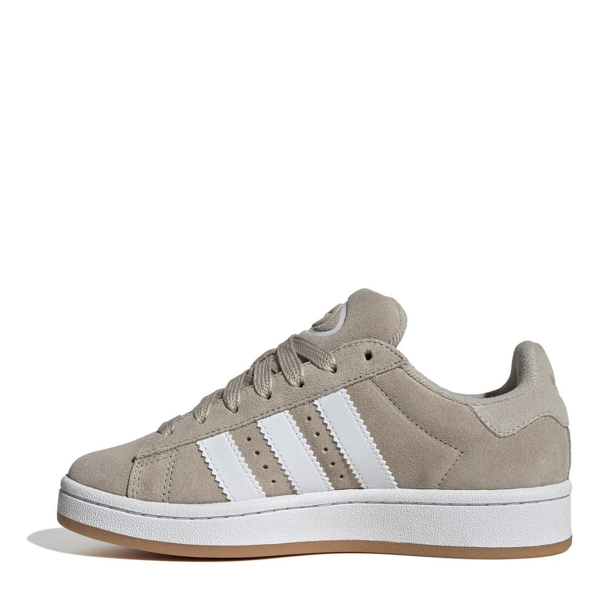 Beige lace-up low-top sneakers with white side stripes and white rubber sole