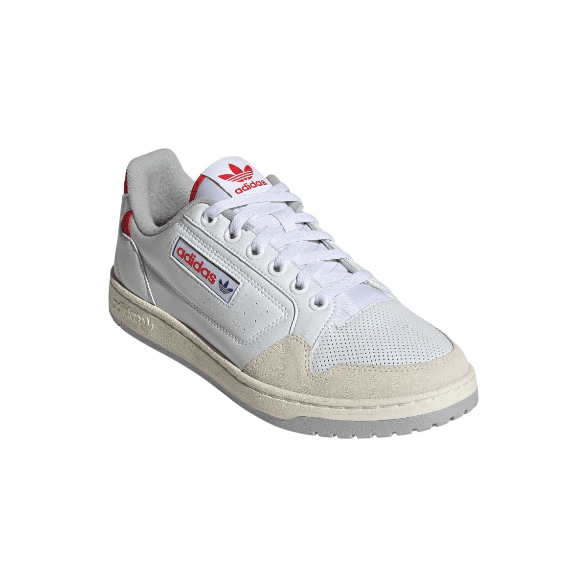 White adidas Originals NY 90 trainer 3/4 view with red heel and beige side panel