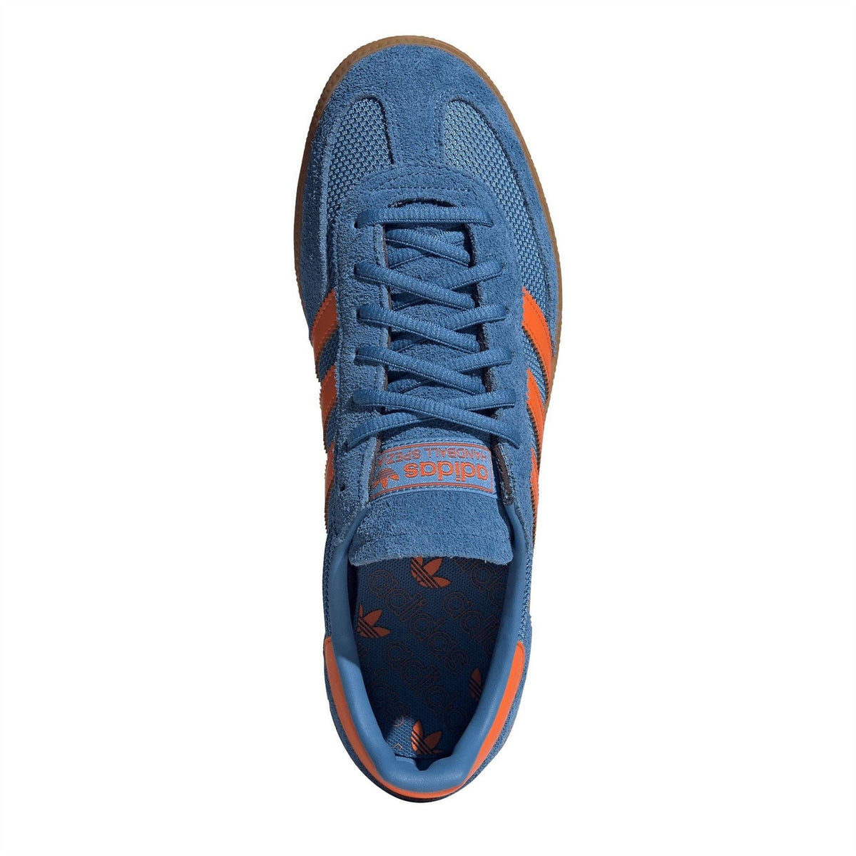 Blue Adidas sneakers, lace-up top view with orange stripe detail and gum trim