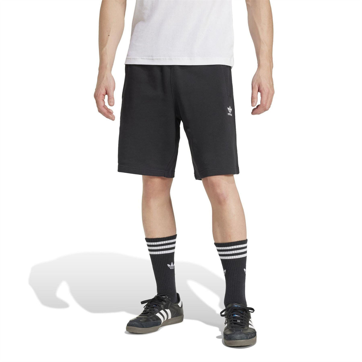 Black knee-length sweat shorts with adidas logo and elastic waistband