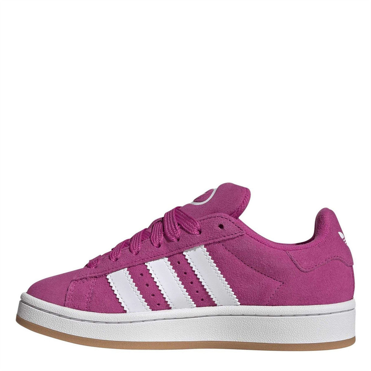 Purple low-top trainers with white side stripes and lace-up closure, side view