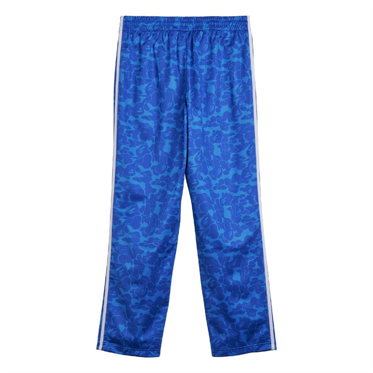 Blue camo track pants with elastic waist and white side triple stripes, relaxed straight leg