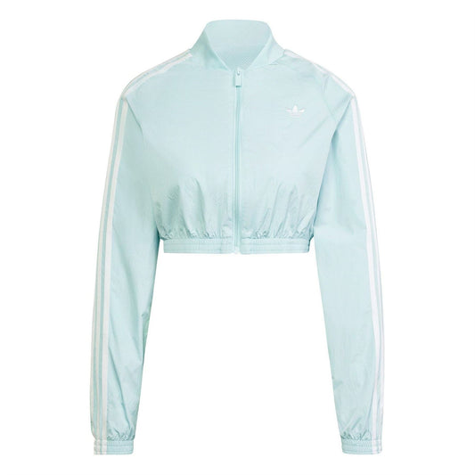 Light aqua zip-up cropped track top with white adidas stripes on sleeves