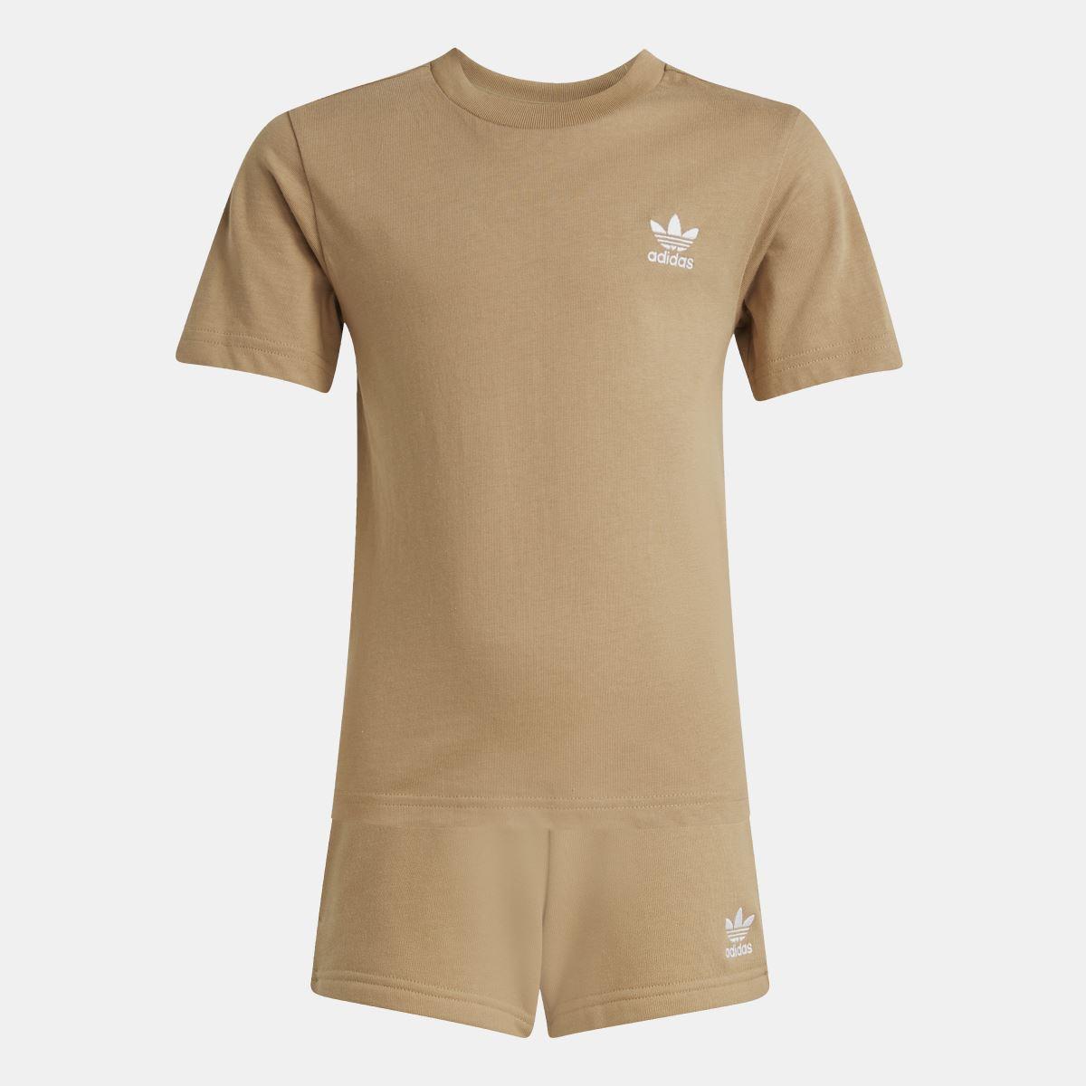 Tan adidas juniors T-shirt and shorts set, front view; short sleeves, logo on chest