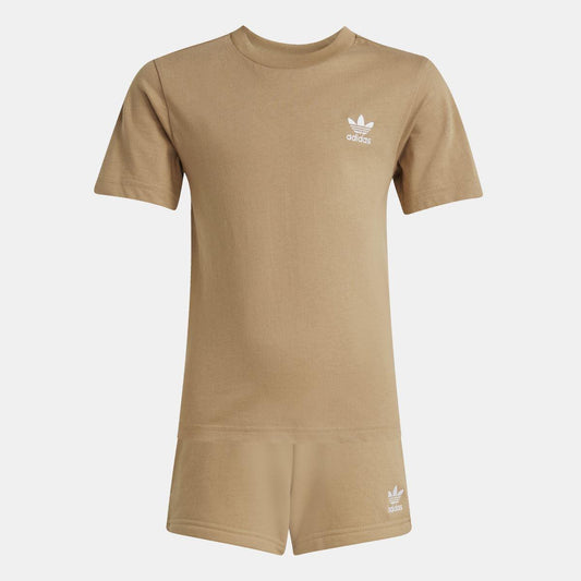 Tan adidas juniors T-shirt and shorts set, front view; short sleeves, logo on chest