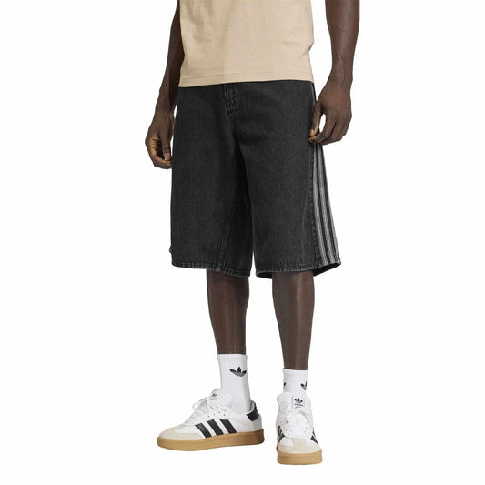 Dark denim shorts with side stripe detail, mid-thigh length and five-pocket styling