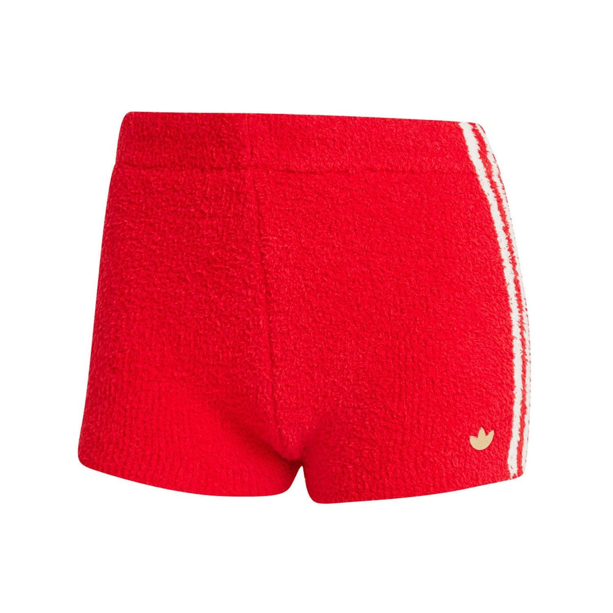 Red knit shorts with white triple side stripes and adidas trefoil on hem
