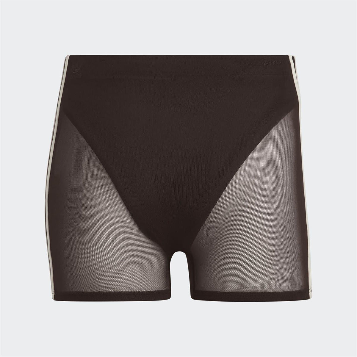 Brown mesh swim shorts with contrast side stripe, back view