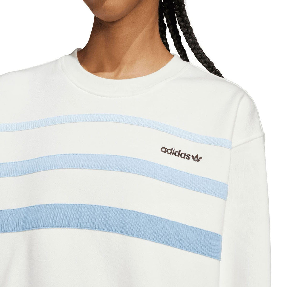 Off-white sweatshirt chest with blue stripes and adidas trefoil logo