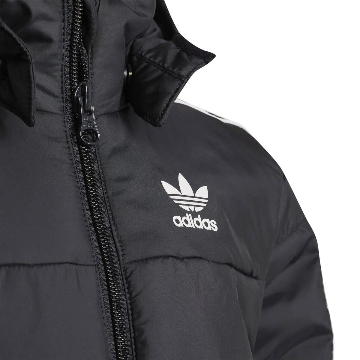 Black adidas puffer jacket with zipper pull and chest logo